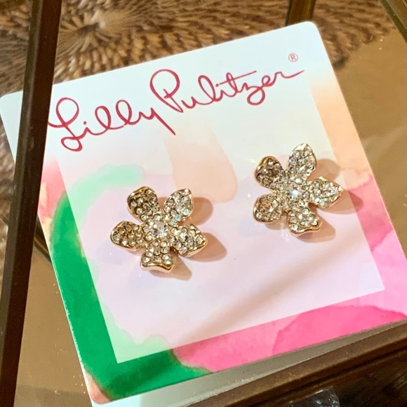 Lilly Pulitzer EARRINGS “Beach Club Blooms” GOLD FLOWER 🩷 Crystal PIERCED - Picture 5 of 6